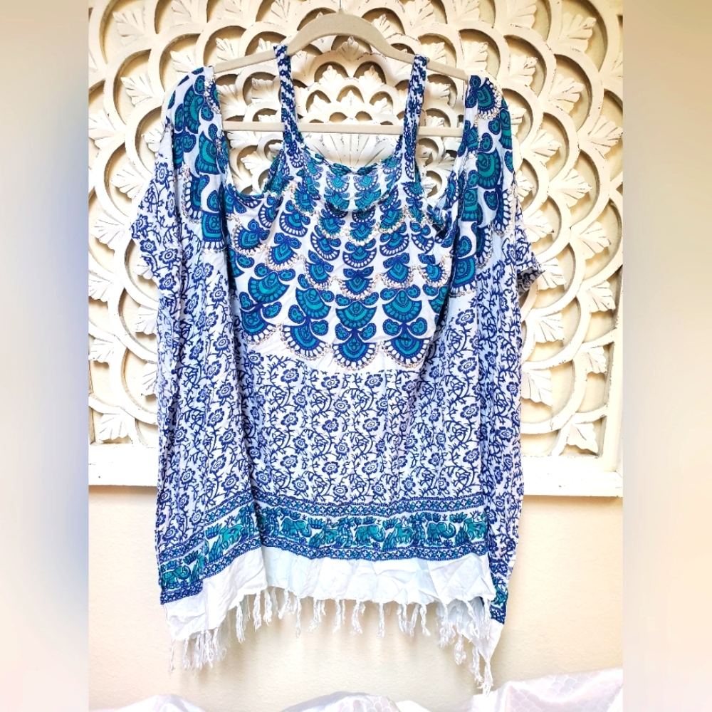 Cold Shoulder Vintage Batik Sequins Style Poncho Top OSFM